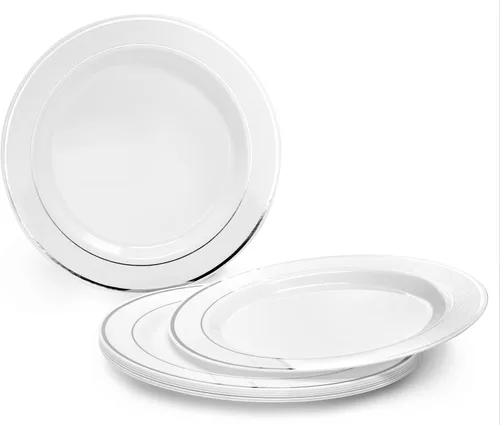 Miniatura 2 de OCCASIONS 50-150-200 Piezas plateadas (25 personas) 26 cm, 19 cm + cubiertos. A1. Blanco y plateado