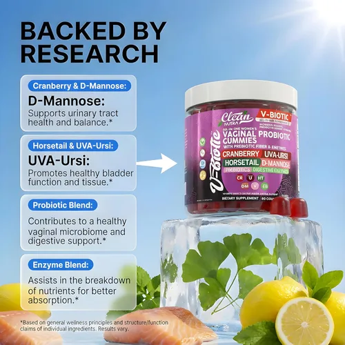 Miniatura 3 de Clean Nutraceuticals Probióticos Vaginales para Mujeres Gomitas con Arándano Rojo, Uva Ursi, Cola de Caballo, D-Manosa, Prebióticos y Enzimas