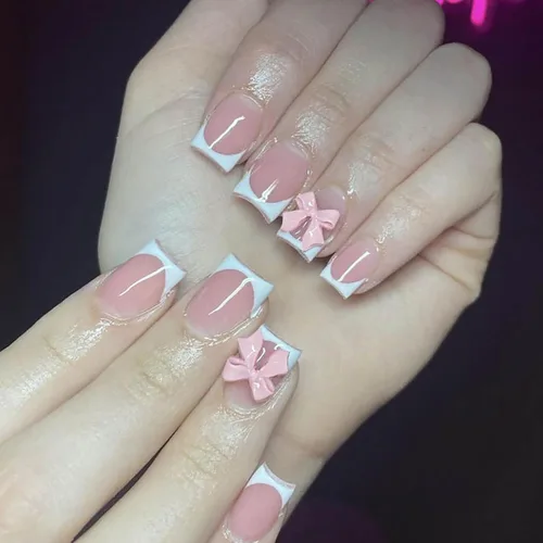 Miniatura 15 de Lindas uñas a presión de tamaño mediano - Uñas falsas cuadradas con punta francesa, uñas acrílicas rojas de cobertura completa brillantes