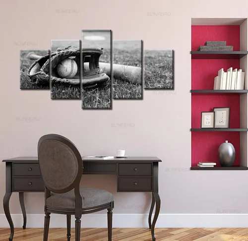 Miniatura 5 de BLINFEIRU 5 piezas de lienzo de arte de pared – equipo de béisbol rústico con temática deportiva – Decoración moderna para el hogar para niños