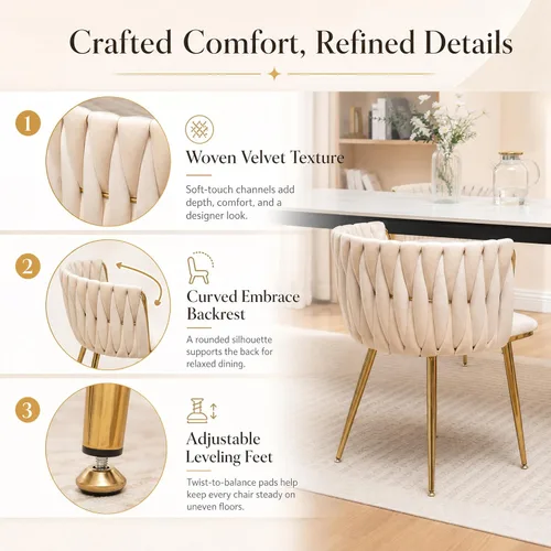 Miniatura 5 de Juego de 2 sillas de comedor de terciopelo Kiztir, sillas tapizadas de comedor con patas de metal dorado, lujosas sillas de comedor acolchadas