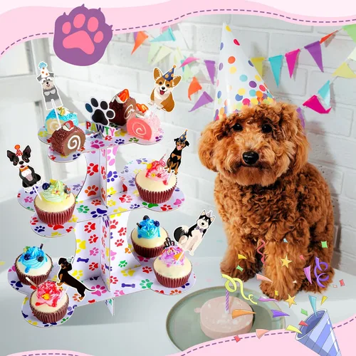 Miniatura 7 de Bokon Soporte de 3 niveles para cupcakes de perro y 24 piezas de decoración para cupcakes para perros, suministros de fiesta de cumpleaños