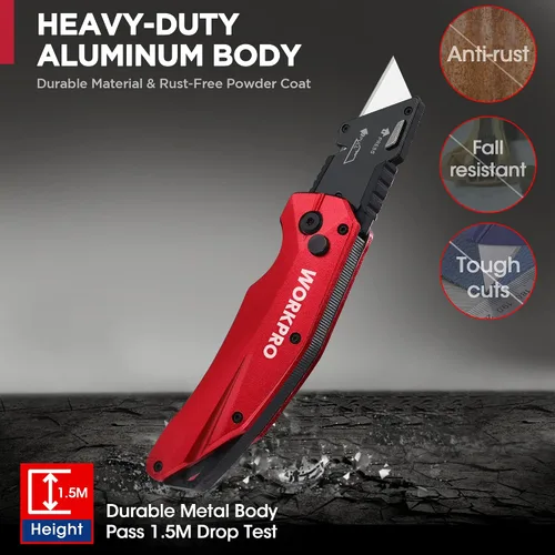 Miniatura 6 de WORKPRO Cuchillo Utilitario Plegable, Metal Resistente, Cortador de Caja de Bloqueo de Eje de Apertura Rápida, Cuchillo de Hoja de Cambio Rápido, 1