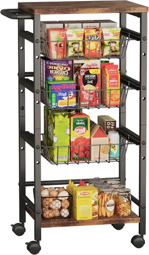 Miniatura 8 de Organizador de cocina y carrito de almacenamiento con cajón de tela y asa práctica, carrito organizador de aperitivos con 2 cestas extraíbles y 2
