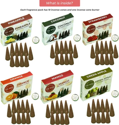 Miniatura 2 de Trumiri Conos de Incienso Frutales - Paquete de Variedad - Total 60 Conos de Incienso (6 Aromas x 10 Conos) - Fresa, Coco, Piña, Manzana, Mango