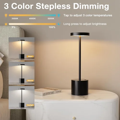 Miniatura 3 de Lámpara de mesa inalámbrica negra, lámparas con batería recargable de 4000mAh, lámparas LED inalámbricas para exteriores con atenuación continua
