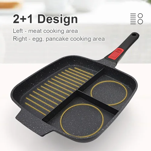 Miniatura 2 de Sartén Parrilla 3 en 1 para Estufas con Mango Desmontable, Plancha Versátil Antiadherente Dividida, Sartén Cuadrada Libre de PFOA, Negro