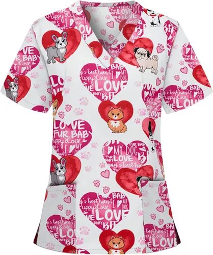 SGASY Scrubs for Women Set Print Short Sleeve V Neck Nurse Uniforms Cozy Fit Scrubs Women Workwear Healthcare Shirts
