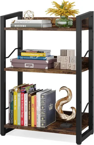 Miniatura 7 de Hosfais Estantería pequeña para libros, estantería de madera de 3 niveles, estantería industrial, estantería estrecha de metal, organizador