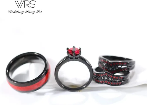 Miniatura 6 de Juego de anillos de boda de dos anillos para parejas, anillos a juego para mujer, 2 piezas, chapado en oro negro, circonita roja, anillo