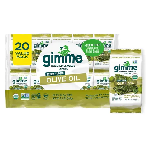 Miniatura 14 de Gimme Algas Marinas Orgánicas Premium Tostadas, Sal Marina, 20 Unidades, Keto, Vegano, Sin Gluten, Gran Fuente de Omega3 y Yodo, Aperitivo Saludable