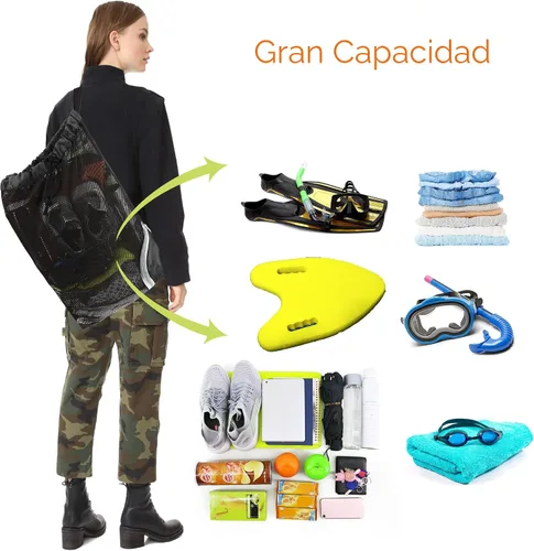 Miniatura 6 de Mochila de cordón BeeGreen para hombres y mujeres atlética para el gimnasio, deportes, entrenamiento, playa, natación, Negro, X-Grande
