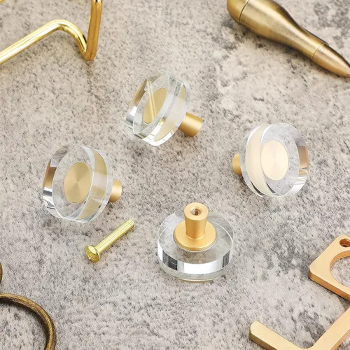 Miniatura 4 de Hotop 8 pomos de cristal para armarios de 1-1/5 pulgadas, tiradores de cristal dorados para gabinete, tiradores de cajón de latón a granel