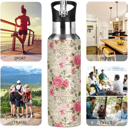 Miniatura 5 de Vintage Pink Flowers Stainless Steel Vacuum Insulated Water Bottle 32 Oz Leakproof Water Bottles, BPA-Free Sports Water Bottle with Straw