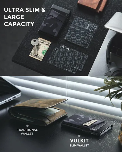 Miniatura 2 de VULKIT Cartera desplegable para tarjetas de crédito con bloqueo RFID, funda delgada de aluminio de metal con bolsillo para dinero para tarjetas