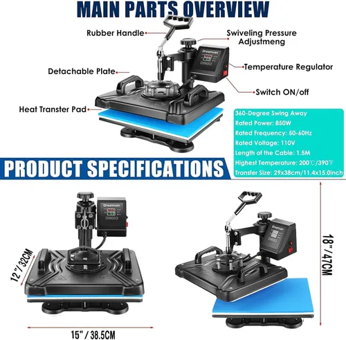 Miniatura 4 de Máquina de presión de calor 8 en 1 para camisetas, máquina profesional de transferencia de calor de 12" X 15", máquina de sublimación multifuncional