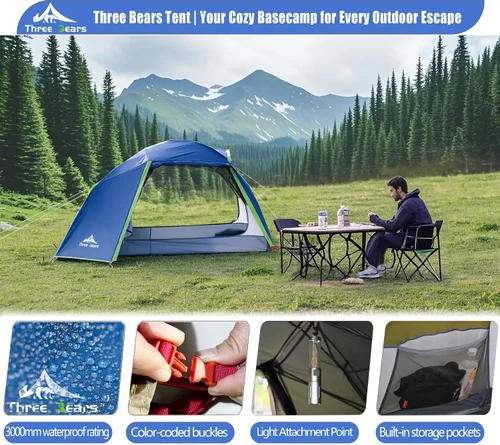 Miniatura 2 de ThreeBears - Tienda de campaña para 4 personas, impermeable, fácil de instalar, espacioso para aventuras familiares al aire libre, senderismo