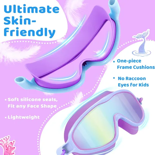 Miniatura 4 de Vvinca Gafas de natación para niños con correa elástica amplia visión anti niebla UV máscara de piscina gafas para 3-10 niños pequeños niñas niños