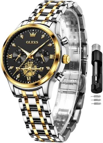 Miniatura 15 de OLEVS Reloj multifuncional de dos tonos para mujer, reloj analógico de cuarzo para mujer, de acero inoxidable, resistente al agua, con diamantes