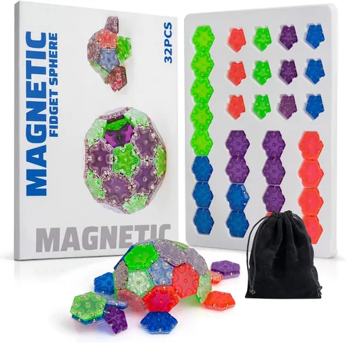 32 esferas magnéticas para ansiedad con bolsa de almacenamiento, 20 hexágonos y 12 pentágonos, multicolor, juguete de escritorio magnético