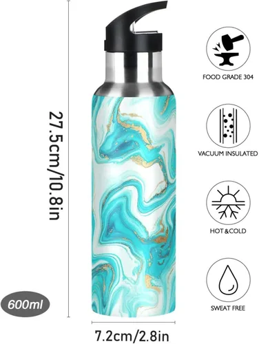 Miniatura 9 de Stainless Steel Vacuum Insulated Water Bottle 32 Oz, Leakproof Water Bottles for Gym Outdoor Travel School, Marble Aqua Blue