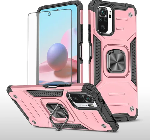 Asuwish Funda de teléfono para Xiaomi Redmi Note 10/10S 4G con protector de pantalla de vidrio templado y soporte de anillo delgado híbrido Oro