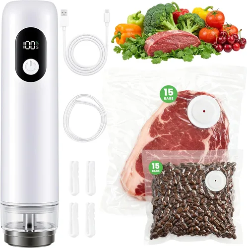 Máquina compacta selladora al vacío con batería de 1500 mAh, sellador de alimentos de mano con 30 bolsas reutilizables, succión de 60 kPa y carga