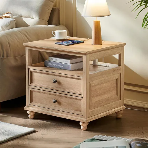 Miniatura 3 de Joaxswe Mesita de noche estilo granja con estación de carga, mesa auxiliar de 61 cm de ancho con 2 cajones, cómoda natural para dormitorio, cómoda