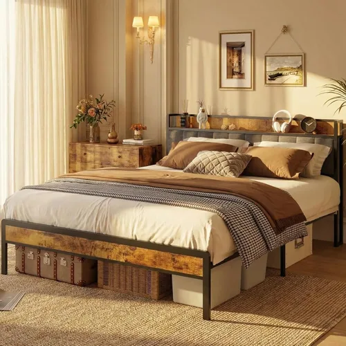 Gizoon Cama de plataforma de metal, marco de cama con cabecera de madera tapizada, sin ruido, no necesita somier, con almacenamiento debajo de la