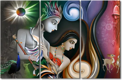 Miniatura 18 de Pintura india hindú Dios Señor Krishna imágenes sobre lienzo, arte de pared de 3 piezas, arte de pared moderno, decoración del hogar para sala