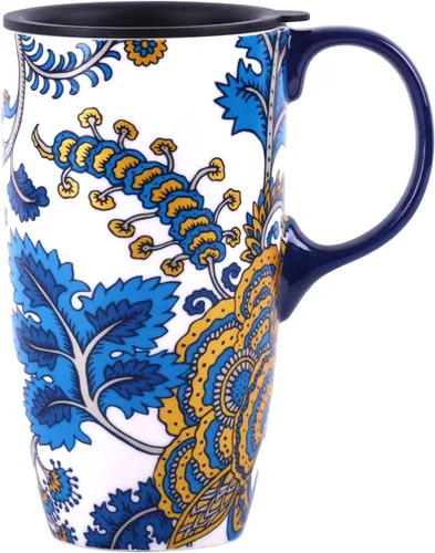 Topadorn Taza de café de cerámica de 17 onzas, taza de viaje floral de cachemira azul y amarillo con tapa, apta para microondas y lavavajillas, sin