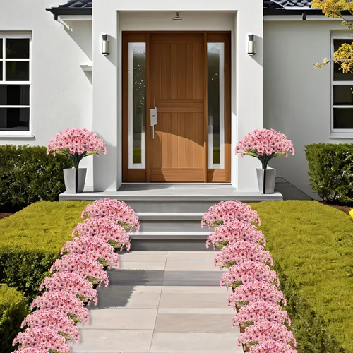 Miniatura 6 de Kinisty 20 paquetes de flores artificiales para exteriores, resistentes a los rayos UV, con flores de seda sintética rosadas y plantas de plástico
