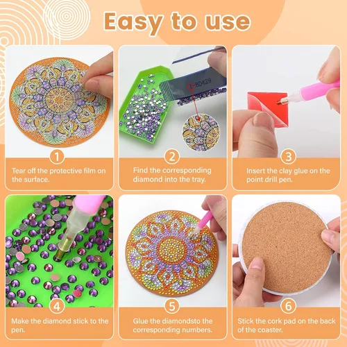 Miniatura 3 de FILASLFT Kit de posavasos de pintura de diamante, kit de posavasos de pintura de diamantes, 8 posavasos de diamante con soporte para manualidades