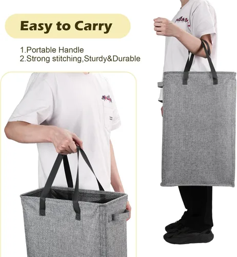 Miniatura 6 de Odonata Cesta de lavandería delgada con asas, cesta plegable para ropa sucia, bolsa de ropa sucia estrecha, cesta plegable para ropa sucia, 45 Gris