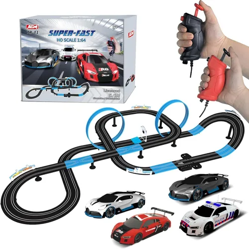 Conjunto de pista de carreras de coches con ranuras AGM MASTECH, serie de alta velocidad, pista doble con 4 coches de carreras con licencia, 2 Caja