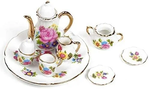 Miniatura 5 de EatingBiting Colección Nivel 1:12 Escala 1/12 8PCS Elegante Flora Miniatura Mini Casa Porcelana Plato de Té de Porcelana, Tetera, Taza, Juego