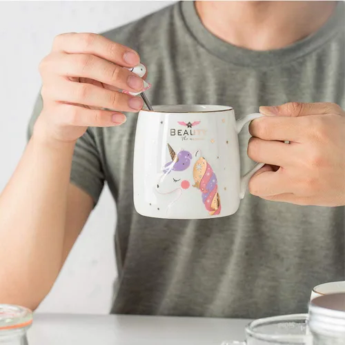 Miniatura 6 de Taza de unicornio BigNoseDeer, linda taza de café de cerámica con adorable cuchara de unicornio, taza novedosa para la mañana, taza para café, té