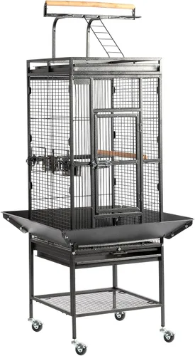 VINGLI Jaula para pájaros con ruedas, jaulas para pájaros de 62 pulgadas con parte superior de juego, jaula de hierro forjado con soporte rodante