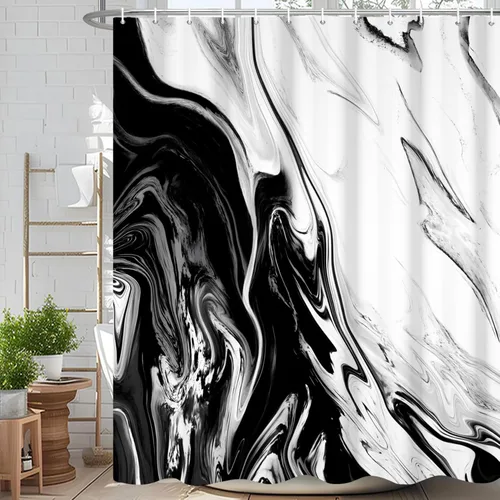 Miniatura 32 de Cortina de ducha abstracta de mármol negro gris y dorado con grietas, cortina de baño moderna ombre impresa, cortina impermeable y lavable de tela