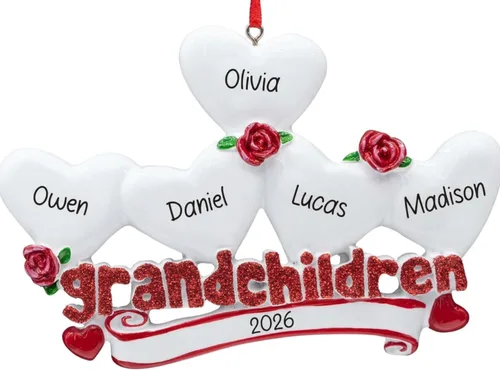 Adorno de Navidad personalizado para nietos con 5 corazones 2026 | Adorno familiar con purpurina para árbol de Navidad | Regalo de recuerdo único