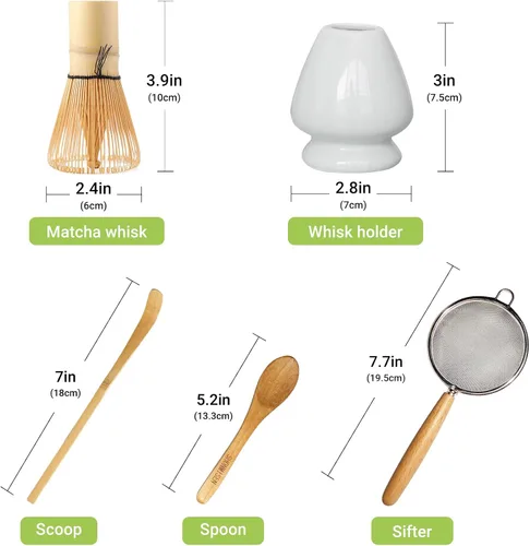 Miniatura 4 de SHONMISEN Juego de Batidor de Bambú Matcha - Batidor de Matcha (Chasen), Soporte para Batidor (Blanco), Colador, Cuchara para Té y Cuchara de Té
