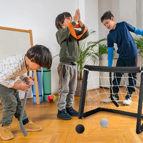 Miniatura 5 de Leyndo Juego de 2 juegos de mini hockey para niños, incluye 2 redes de hockey, 2 mini portería de hockey, 4 mini palos de hockey de plástico, 4