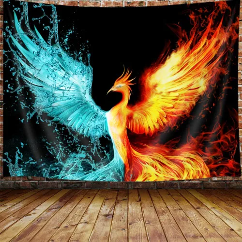 Miniatura 3 de DYNH Tapiz de Fénix de fantasía, hielo de agua y fuego, animal fénix, para colgar en la pared para dormitorio, tapiz estético para hombres, manta