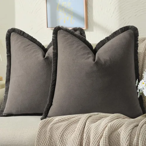 Miniatura 24 de ZWJD Juego de 2 fundas de almohada de 16 x 16 pulgadas, color beige, con flecos, de algodón, decorativas, cuadradas, para sofá, cama, sala de estar