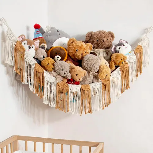 Miniatura 8 de Amdermi Hamaca de animales de peluche, red colgante de esquina para organizador de juguetes, sala de juegos, hamaca de juguete de animales de Crema
