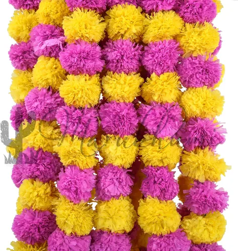 Miniatura 9 de Tira de flores artificiales Marubhumi, 5 unidades de 4,5 pies de largo, flores de caléndulas, guirnalda para decoración Diwali, decoración Amarillo