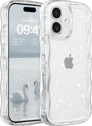 Miniatura 14 de FABSPARK Funda para iPhone 14 Pro Max, bonita funda colorida con láser, retro, exquisita, rizada, borde ondulado, protector estético de TPU suave
