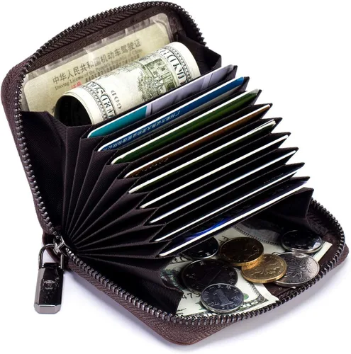 Miniatura 2 de BULLCAPTAIN Cartera de cuero genuino para hombre, tarjetero con cremallera para tarjetas de crédito, Marrón