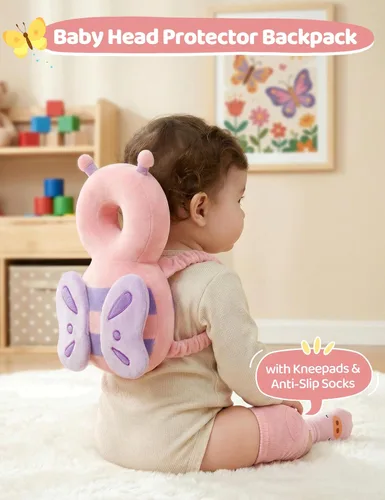 Miniatura 2 de JunNeng Mochila con protector de cabeza para bebé con almohadillas para las rodillas y calcetines antideslizantes para caminar, mariposa
