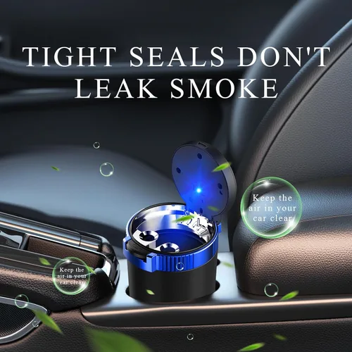 Miniatura 4 de Ohleats Cenicero de coche con tapa, cenicero desmontable de acero inoxidable con luz LED azul, cenicero portátil mini para vehículo, portavasos